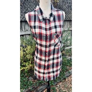 Women's Navy Plaid Sleeveless Western Shyanne Shirt Decorative Buttons Cotton Lg
